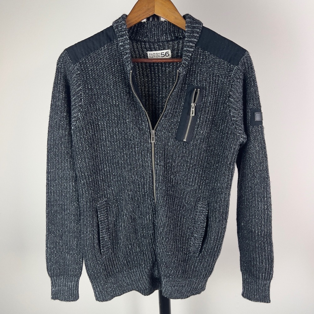 Parish Nation 56 Large Full Zip Cardigan Sweater Gray Black Marl Tactical